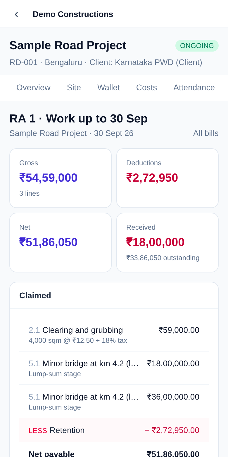 An RA bill on a phone: gross, deductions, net and the receipts against it