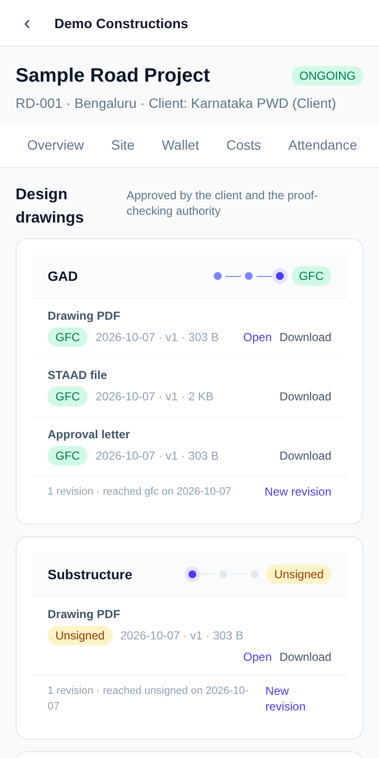 The drawings board of a project on a phone: components with their stage and the latest files